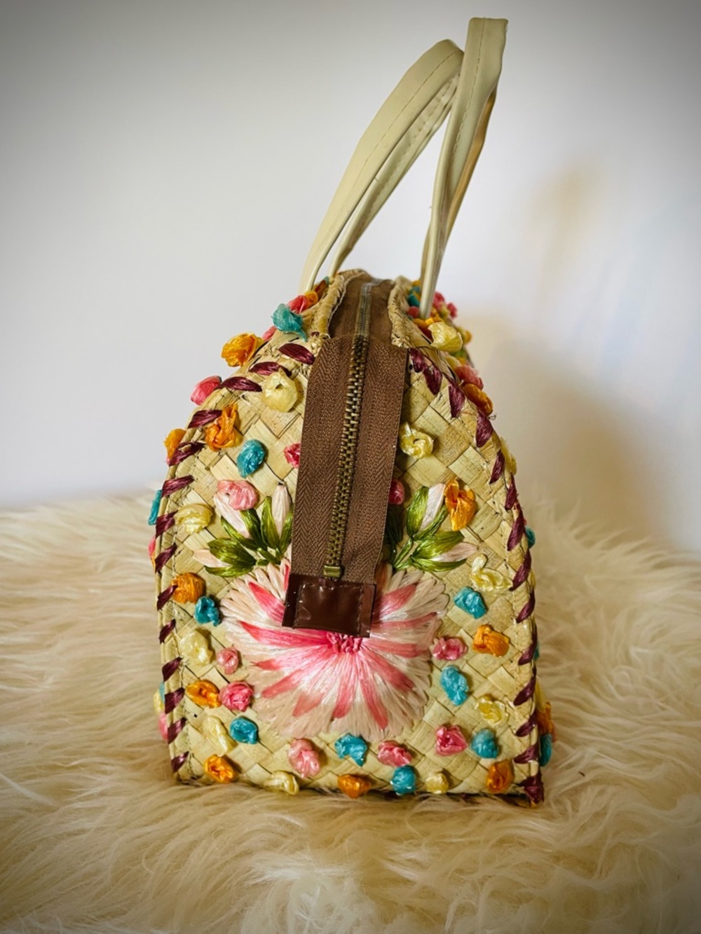 VTG Handbag Straw Raffia Floral Woven Bag Mid Century Philippines Colorful Purse - Picture 7 of 13